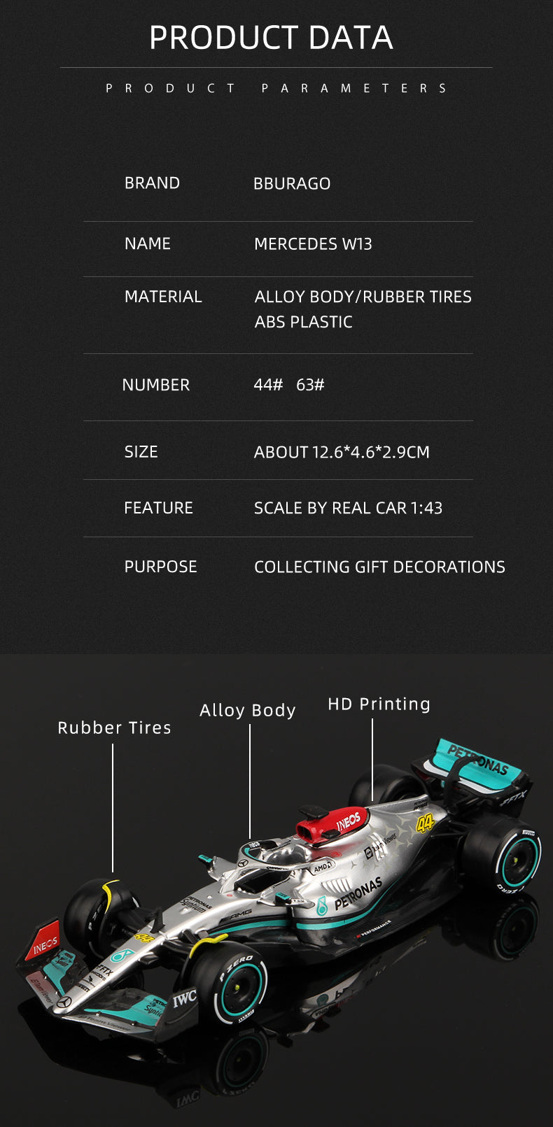 Bburago 1:43 2022 F1 Mercedes-AMG Team W13 #44 L. Hamilton #63 G. Russell