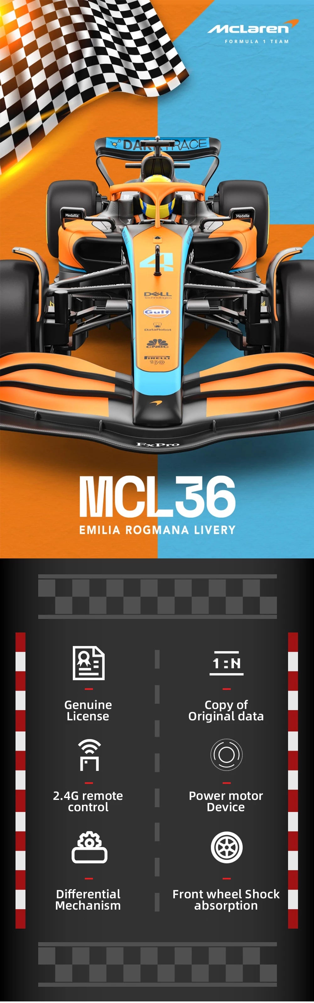 Rastar Remote Control F1 Racing Car Model McLaren MCL36 #4 Lando Norris - Scale 1:12 / 1:18