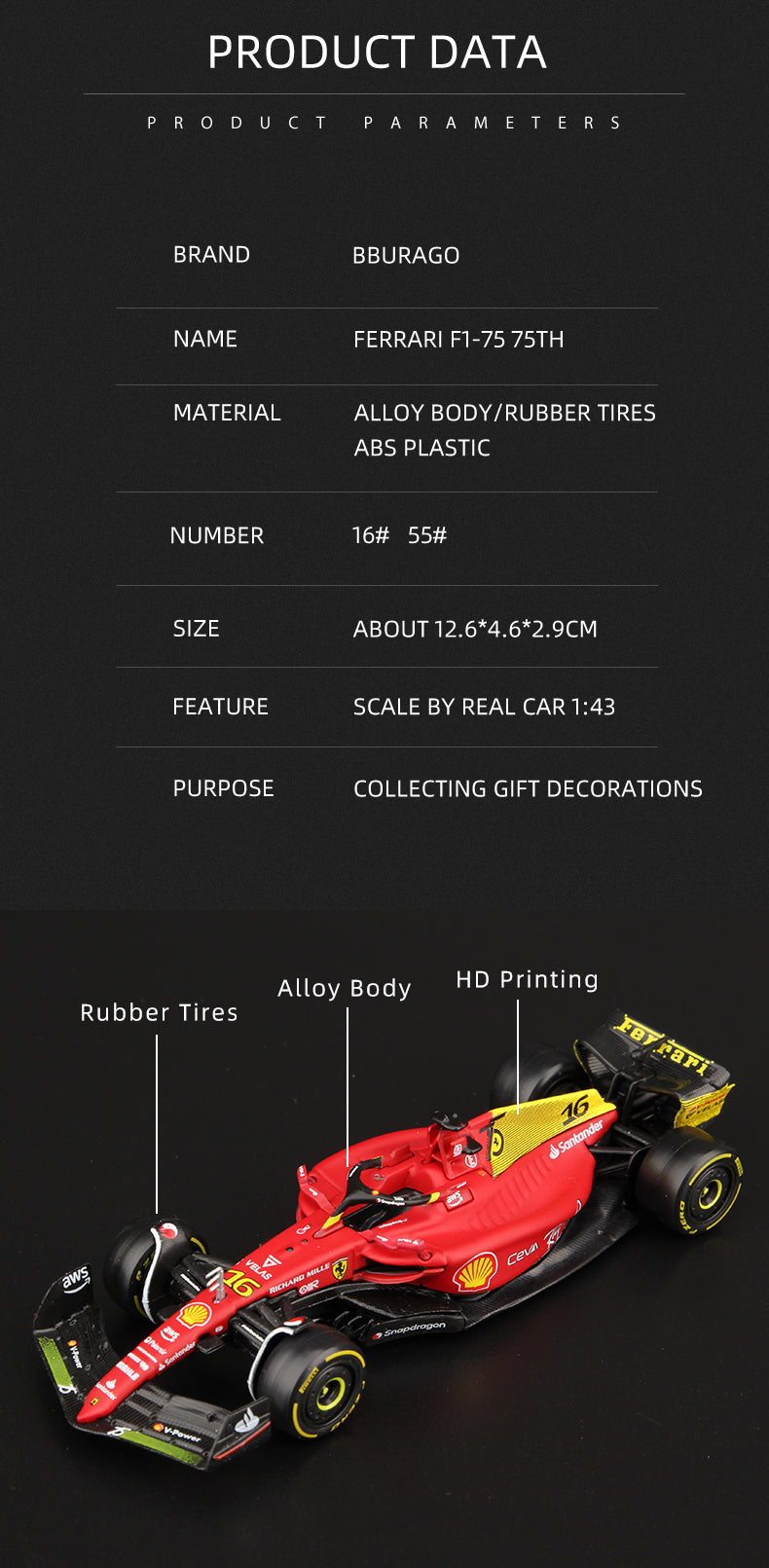 Bburago 1:43 75th Anniversary MONZA 2022 F1 Scuderia Ferrari F1-75 #16 Leclerc #55 Sainz
