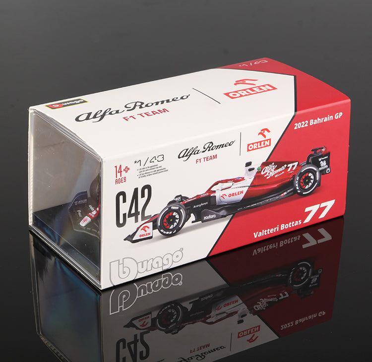 Premium Bburago 1:43 2022 F1 Alfa Romeo C42 #24 Guanyu Zhou #77 Valtteri Bottas